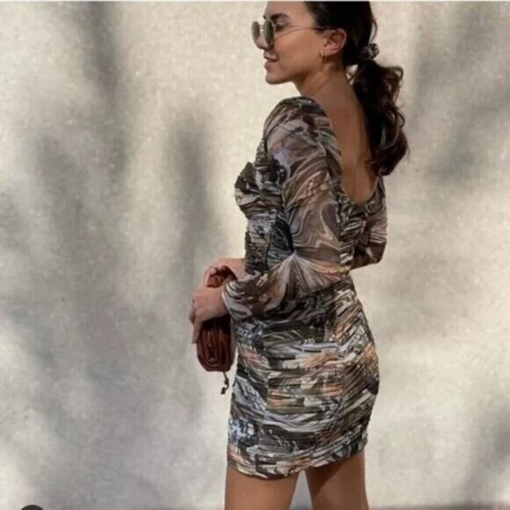 ZARA Marbled Ruched Draped Tulle Mini Dress Size XS - Picture 3 of 7